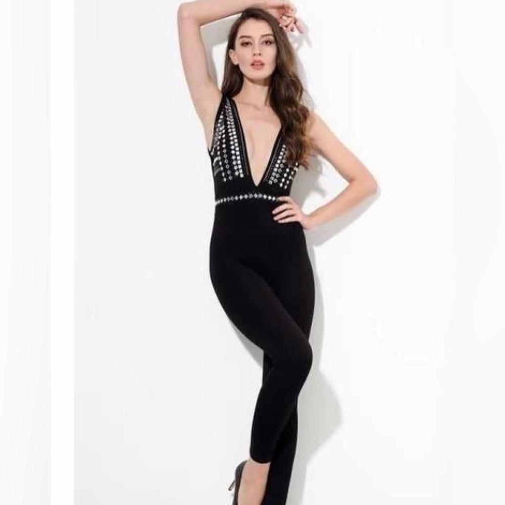 Miss Circle Black Beaded Bandage Jumpsuit Deep V Neck Embellished Size M NWT